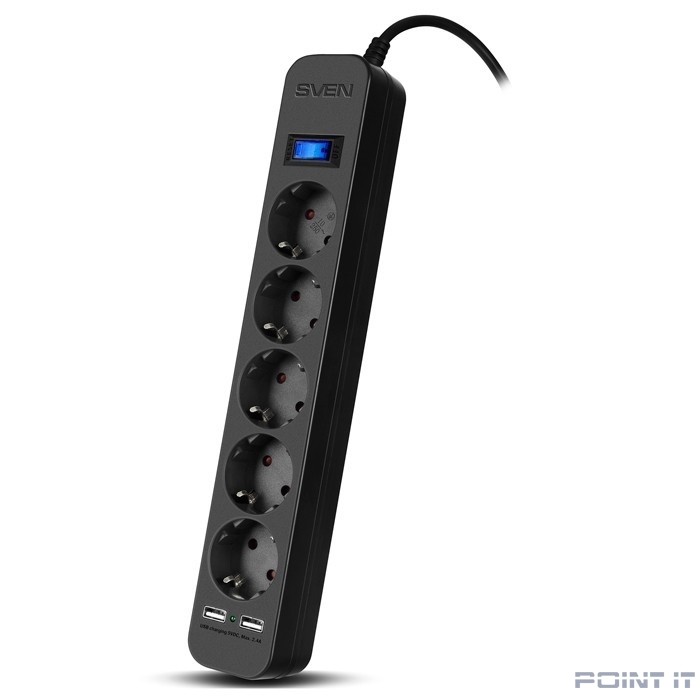 SVEN Фильтр SF-05LU 1,8 м (5 евро розеток,2*USB(2.4А)), черный, цветная коробка [SV-018832]