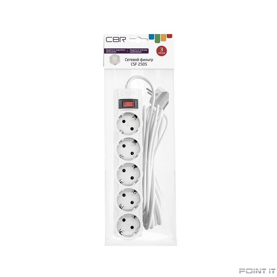 CBR Сетевой фильтр CSF 2505-3.0 White PC, 5 евророзеток, длина кабеля 3 метра, цвет белый (пакет)