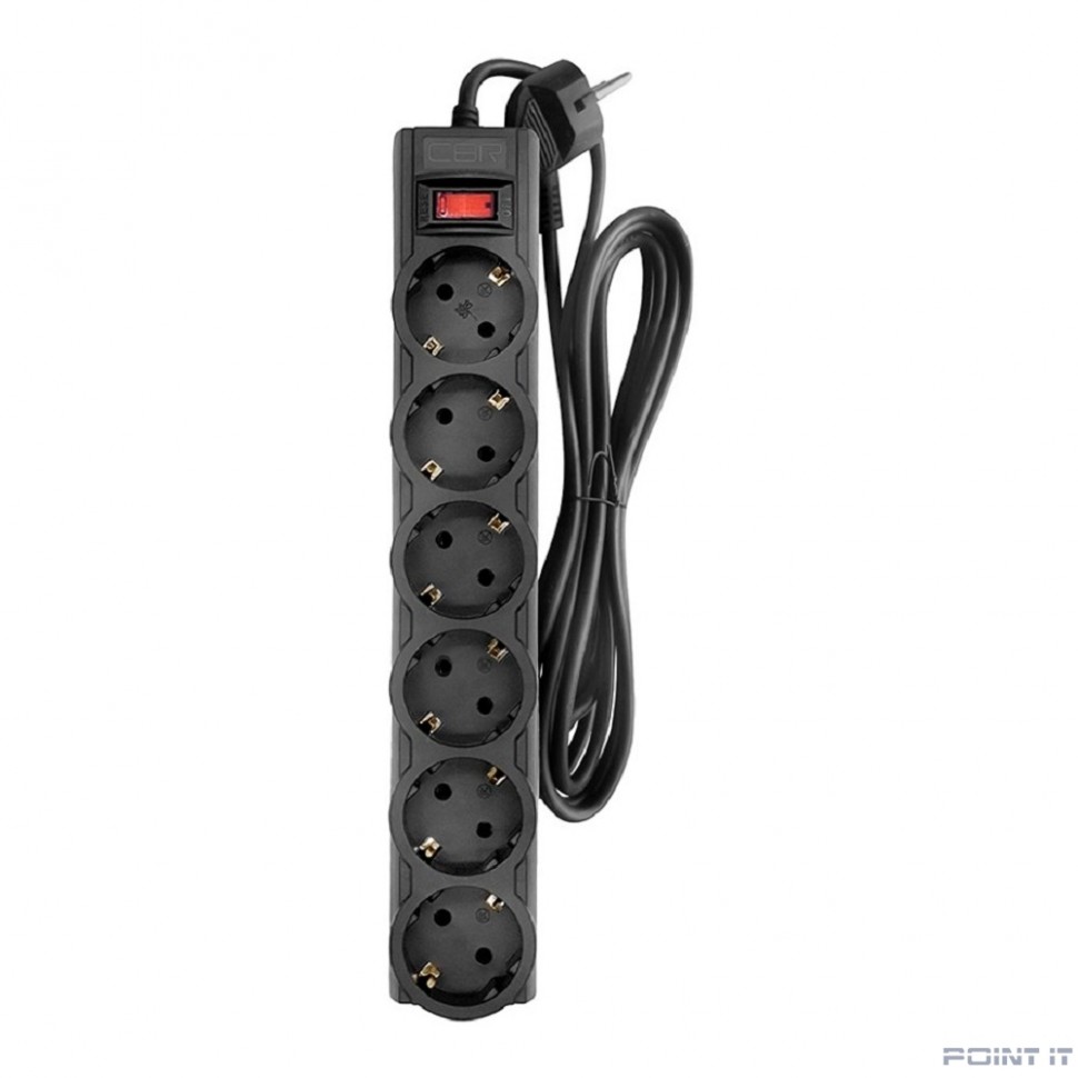 CBR Сетевой фильтр CSF 2606-3.0 Black, 6 евророзеток, длина кабеля 3 метра, цвет чёрный (пакет)