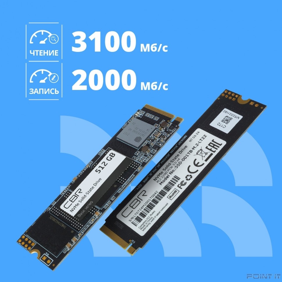 CBR SSD-512GB-M.2-BS24b, Внутренний SSD-накопитель, серия "Base", 512 GB, M.2 2280, PCIe 3.0 x4, NVMe 1.3, 3D TLC NAND, R/W speed up to 3100/2000 MB/s, TBW (TB) 360, OEM