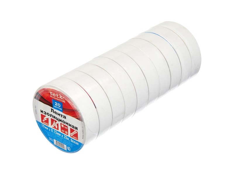 Изолента (лента изоляционная) 19мм х 20м, белая, 10шт, NETKO Optima