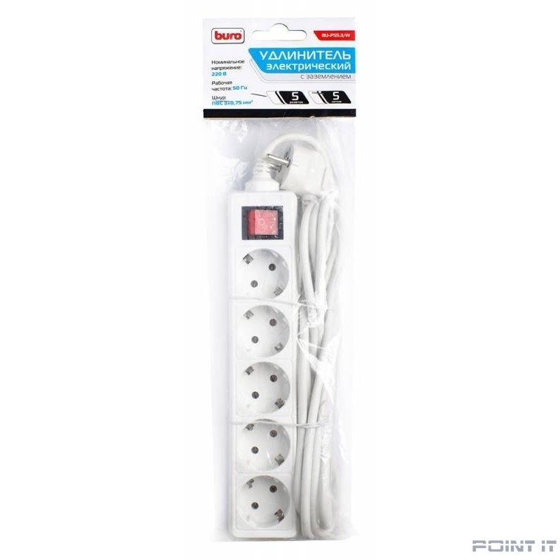 BURO Сетевой удлинитель 5 розеток, 5 метров, (BU-PS5.5/W), белый (пакет ПЭ) {828018}