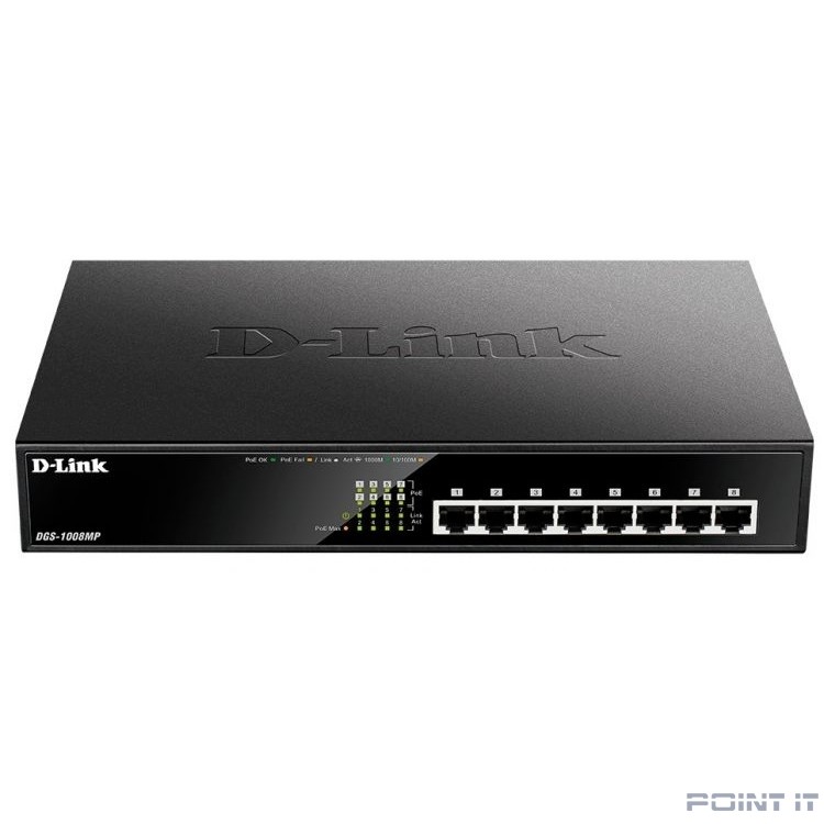 D-Link DGS-1008MP/B1A Неуправляемый коммутатор с 8 портами 10/100/1000Base-T с поддержкой PoE 802.3af/802.3at (30 Вт, PoE бюджет 140 Вт) и функцией энергосбережения